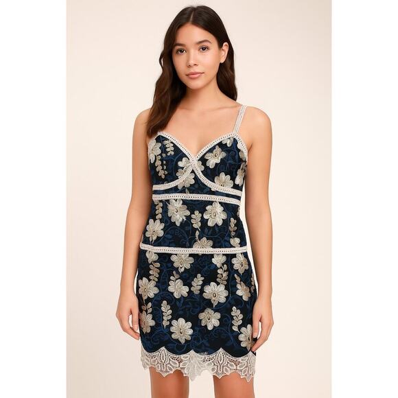 Lulus Dresses & Skirts - New Lulus XS Navy Blue Floral Embroidered Lace Trim Mini Dress Party